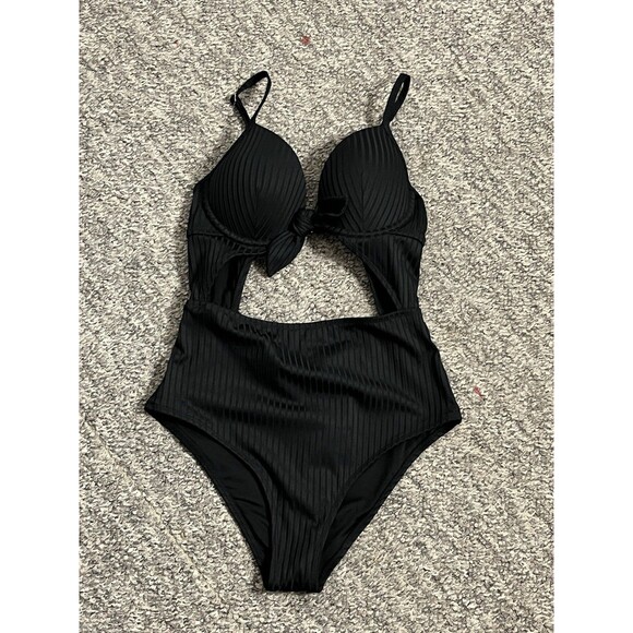 Shade & Shore Other - Women's Shore Light Lift Ribbed Tie Front Cut Out One Piece Swimsuit  34B black